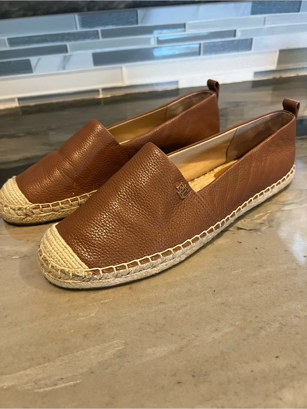 Ralph Lauren Brown Leather Espadrille Flats with Jute Trim